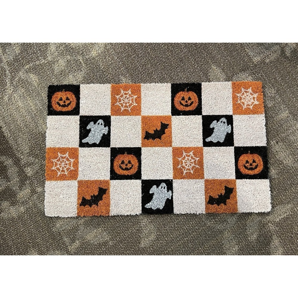 Halloween Checkered Coir Doormat Spooky Ghost Pumpkin Bat Welcome